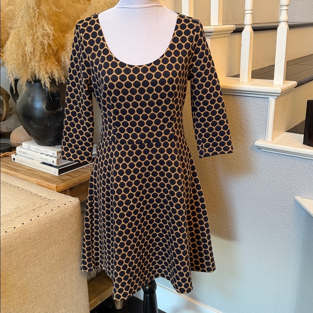 Boden Tan & Blue Polka Dot Fit & Flare Dress – 3/4 Sleeve Lined – Size 6